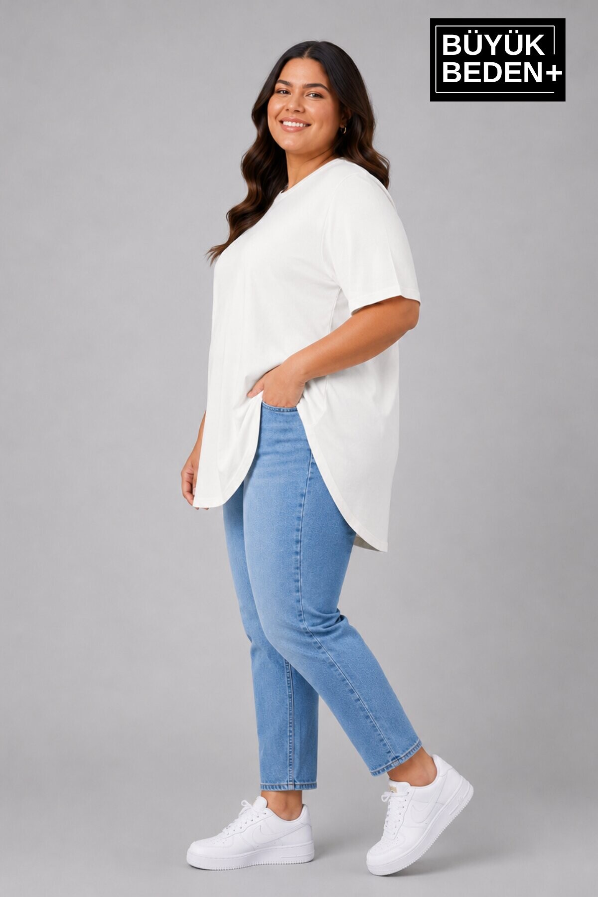 Süperlife Büyük Beden Kadın Bisiklet Yaka Basic Oval Etek Detalylı 3xl-6xl Uzun Tunik SPR26BTSK502