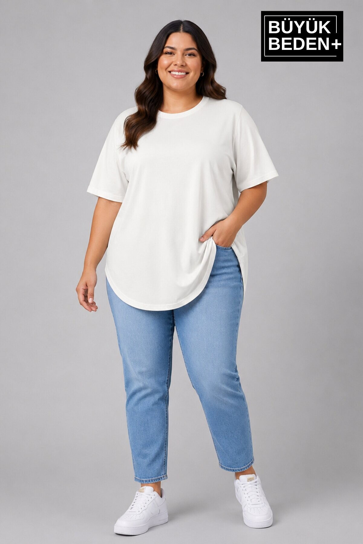 Süperlife Büyük Beden Kadın Bisiklet Yaka Basic Oval Etek Detalylı 3xl-6xl Uzun Tunik SPR26BTSK502