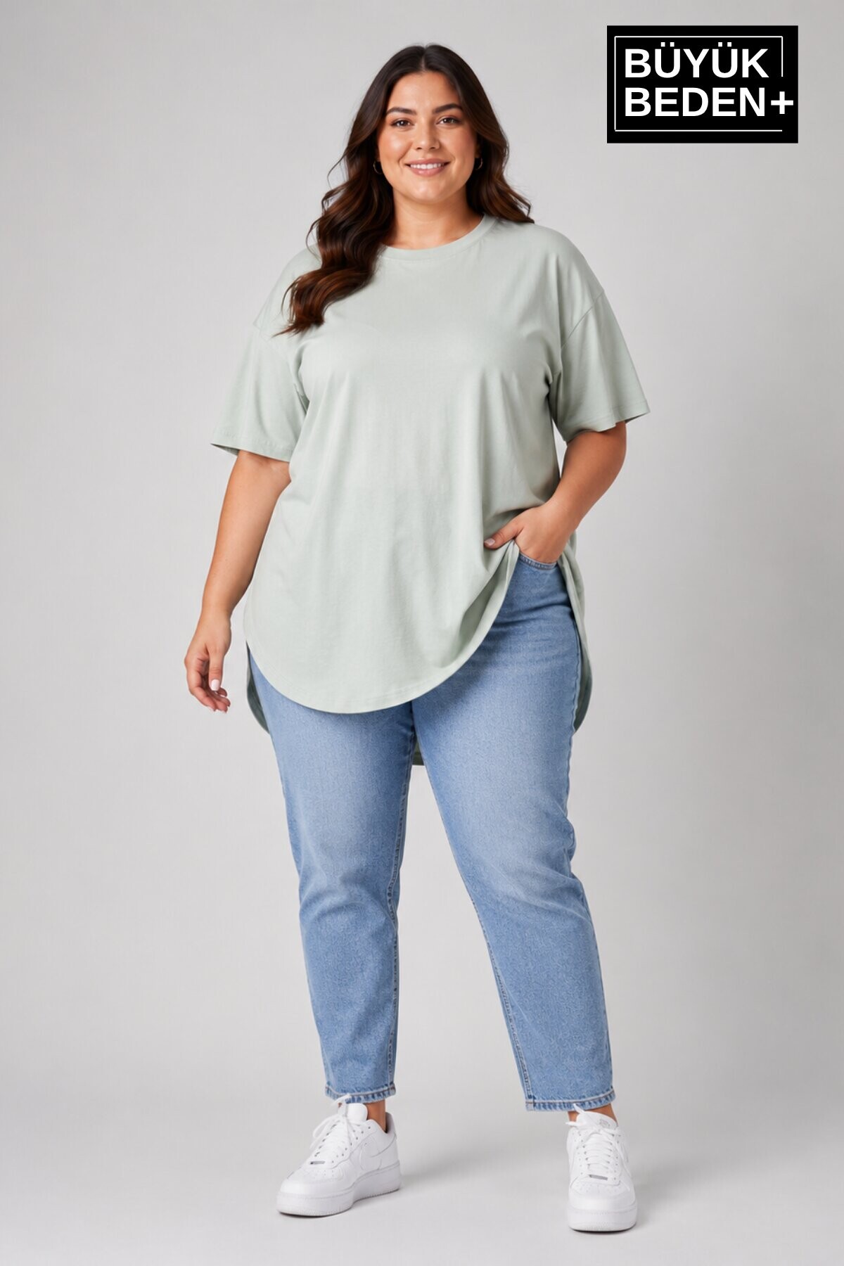 Süperlife Büyük Beden Kadın Bisiklet Yaka Basic Oval Etek Detalylı 3xl-6xl Uzun Tunik SPR26BTSK502