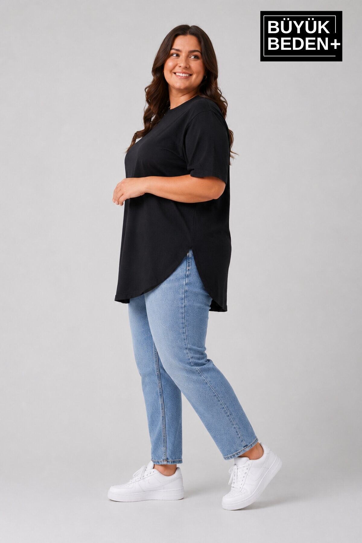 Süperlife Büyük Beden Kadın Bisiklet Yaka Basic Oval Etek Detalylı 3xl-6xl Uzun Tunik SPR26BTSK502