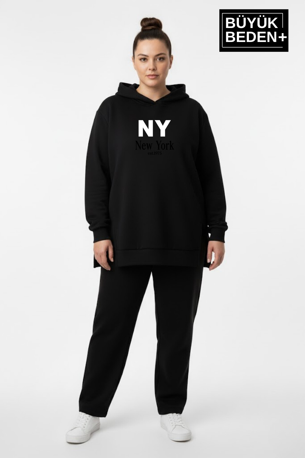 Büyük Beden Kapşonlu NY Newyork Baskılı Tunik ince Sweatshırt  SPR26BTK991-1