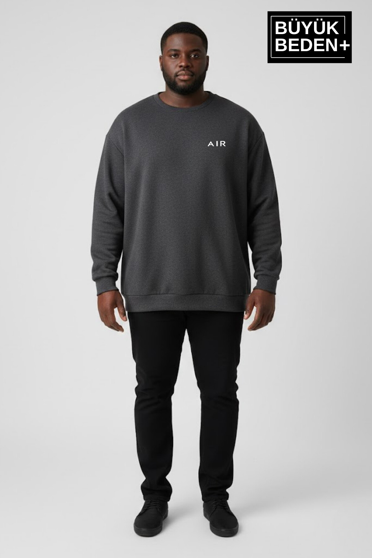 Erkek Büyük Beden AR Baskılı Yaka Kollar Etek Ribana Bisilet Yaka İnce Sweatshirt SPR26BSW956-1