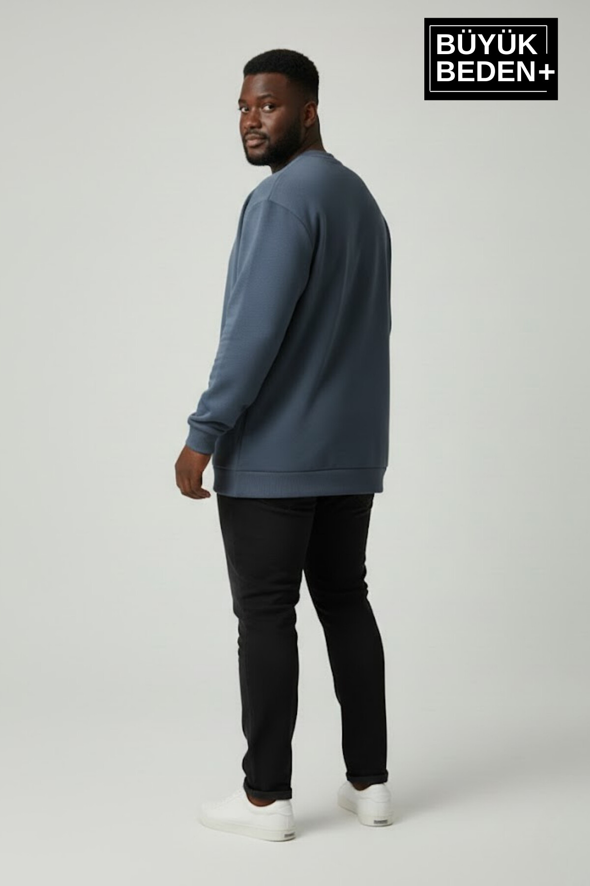Erkek Büyük Beden AR Baskılı Yaka Kollar Etek Ribana Bisilet Yaka İnce Sweatshirt SPR26BSW956-1