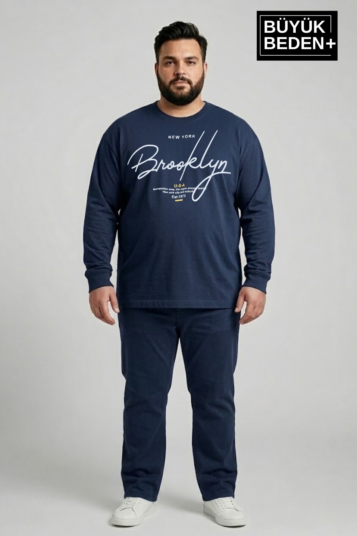 Erkek Büyük Beden El Yazılı Brooklyn Baskılı Ince Penye Bisiklet Yaka Tişört SPR26BTS942-6