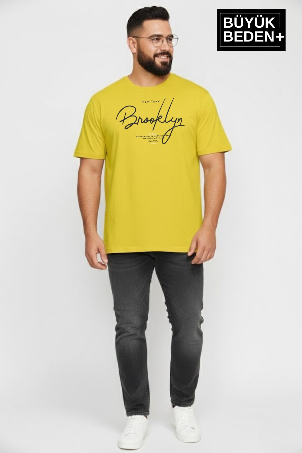 Erkek Büyük Beden El Yazılı Brooklyn Baskılı 3xl-6xl Bisiklet Yaka Tshırt SPR26BTS510-6