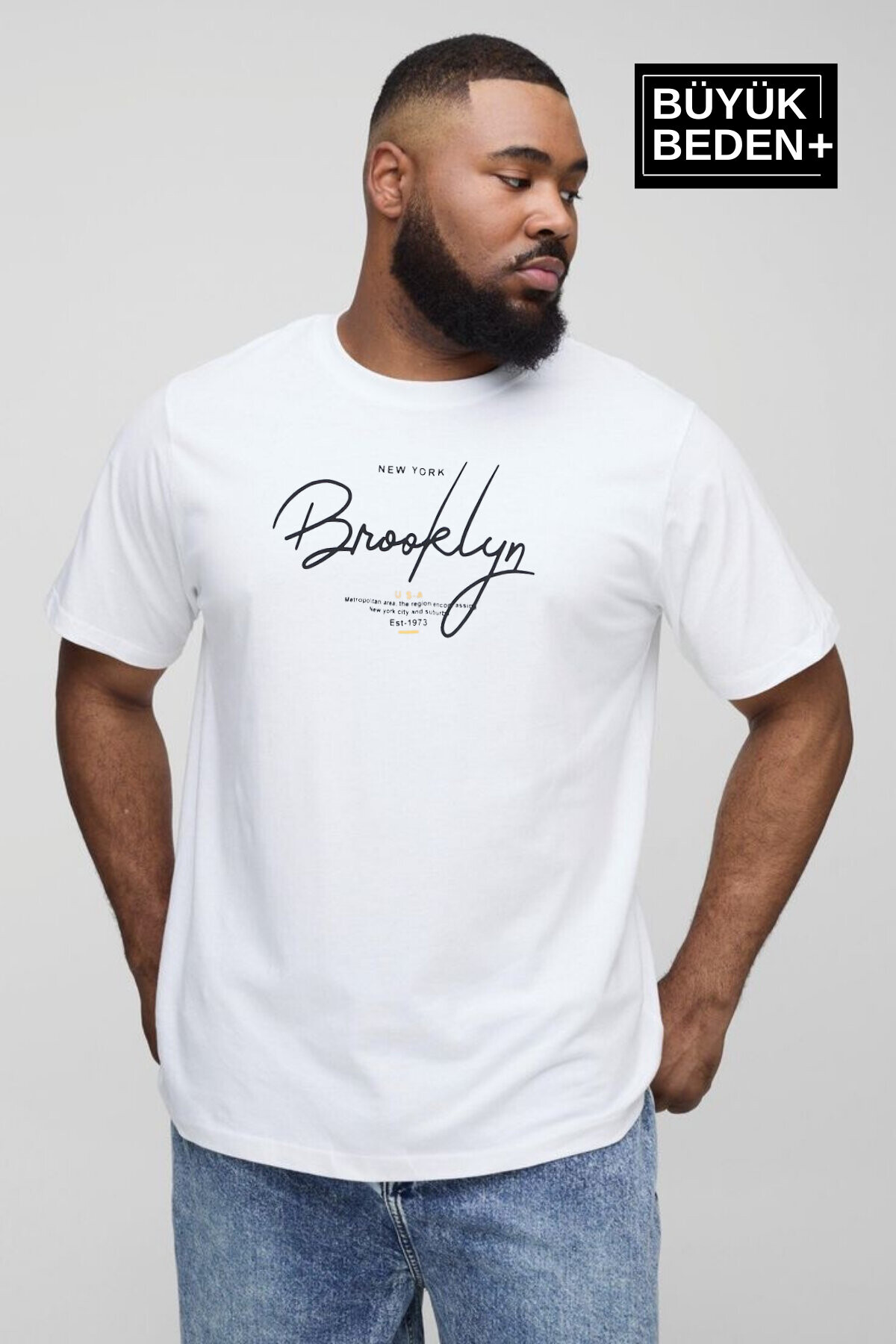 Erkek Büyük Beden El Yazılı Brooklyn Baskılı 3xl-6xl Bisiklet Yaka Tshırt SPR26BTS510-6