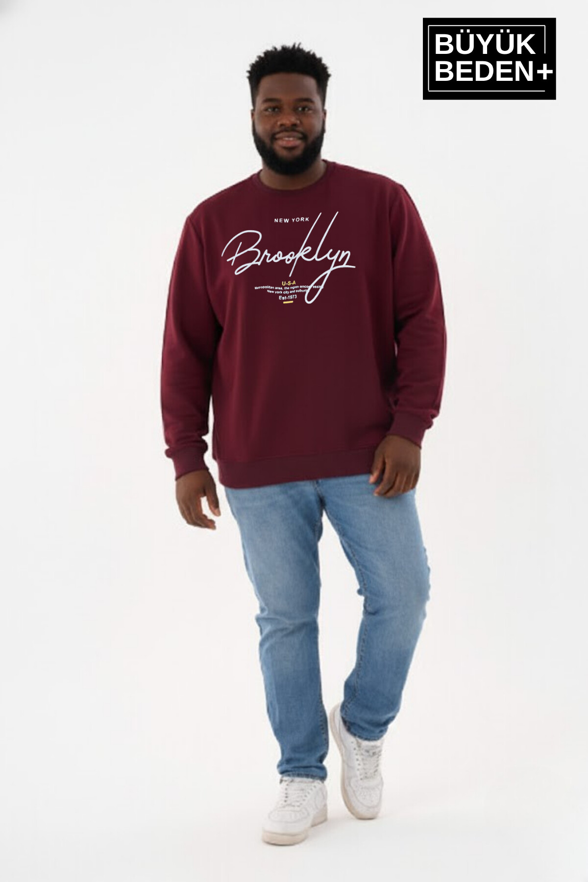 Erkek Büyük Beden El Yazılı Brooklyn Baskılı Bisiklet Yaka İnce Sweatshirt SPR26BSW956-6