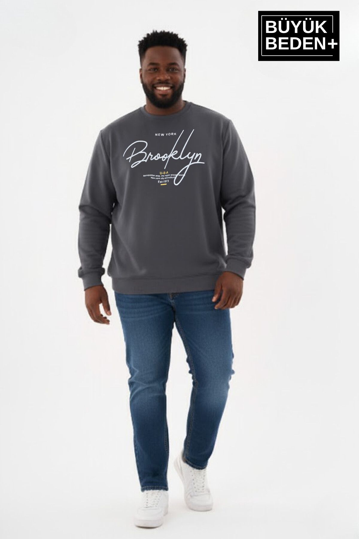 Erkek Büyük Beden El Yazılı Brooklyn Baskılı Bisiklet Yaka İnce Sweatshirt SPR26BSW956-6