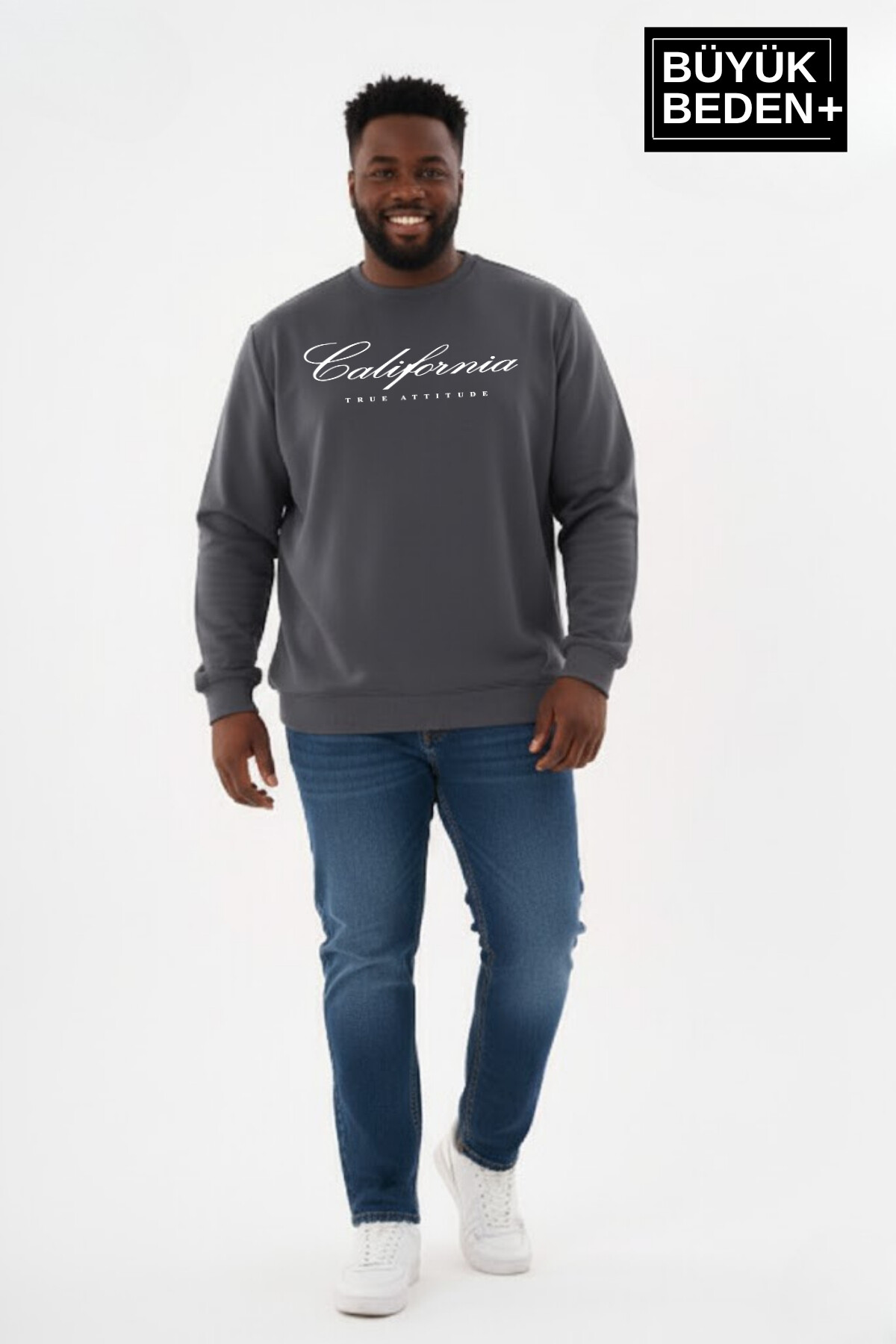 Erkek Büyük Beden El Yazılı California Baskılı Bisiklet Yaka İnce Sweatshirt SPR26BSW956-7