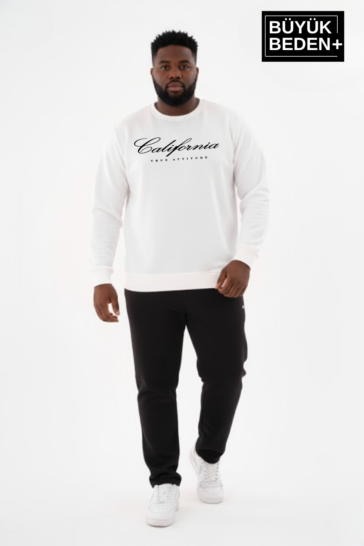 Erkek Büyük Beden El Yazılı California Baskılı Bisiklet Yaka İnce Sweatshirt SPR26BSW956-7