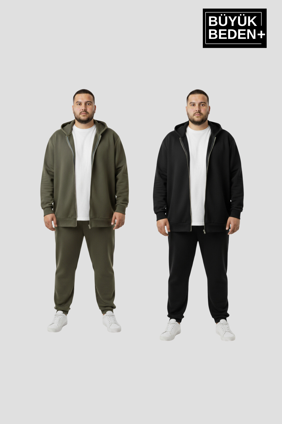 Erkek Büyük Beden Fermuarlı Kapüşonlu 2li Set ince Sweatshirt Hırka - Rahat Kalıp SPR26BHR960+2