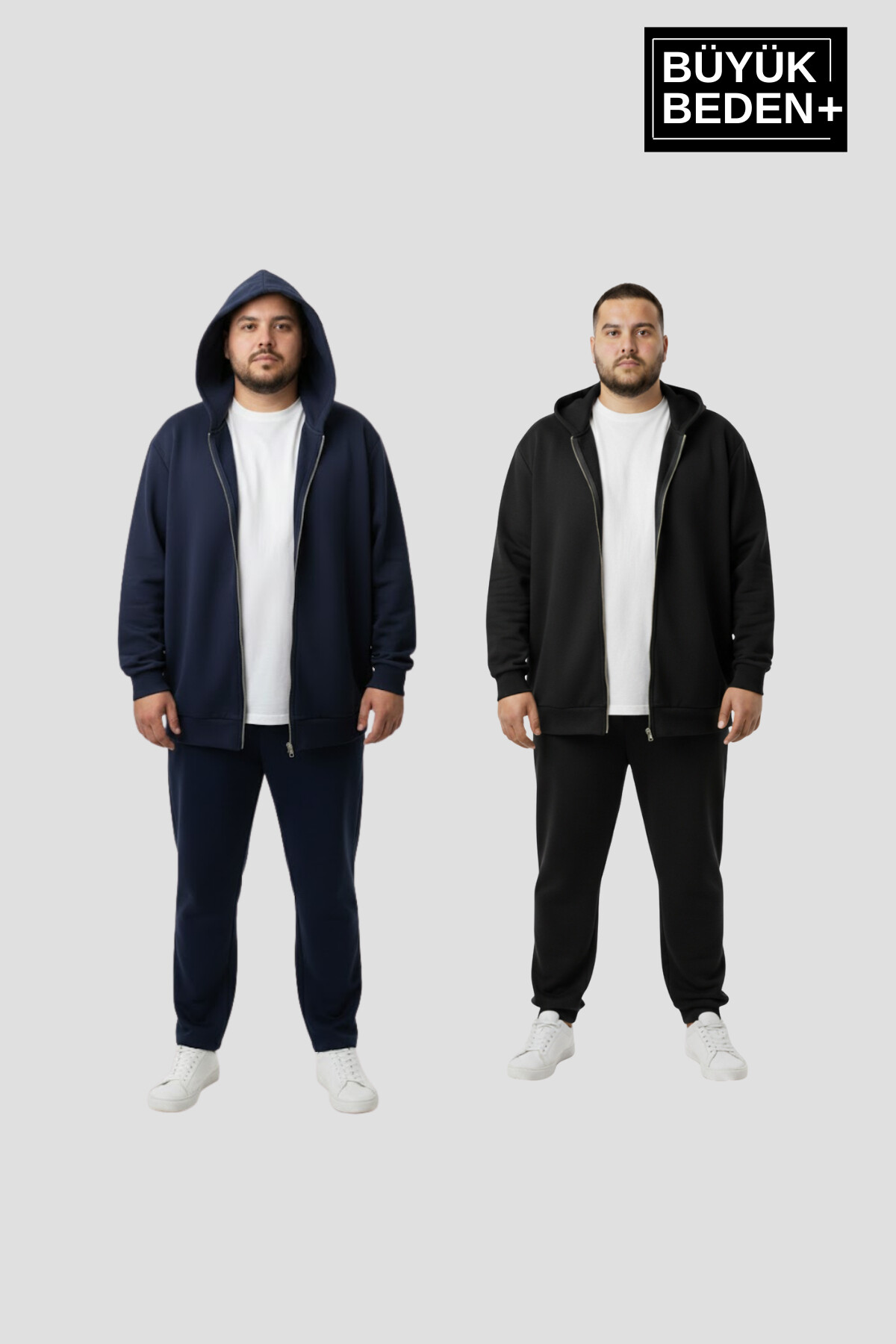 Erkek Büyük Beden Fermuarlı Kapüşonlu 2li Set ince Sweatshirt Hırka - Rahat Kalıp SPR26BHR960+2