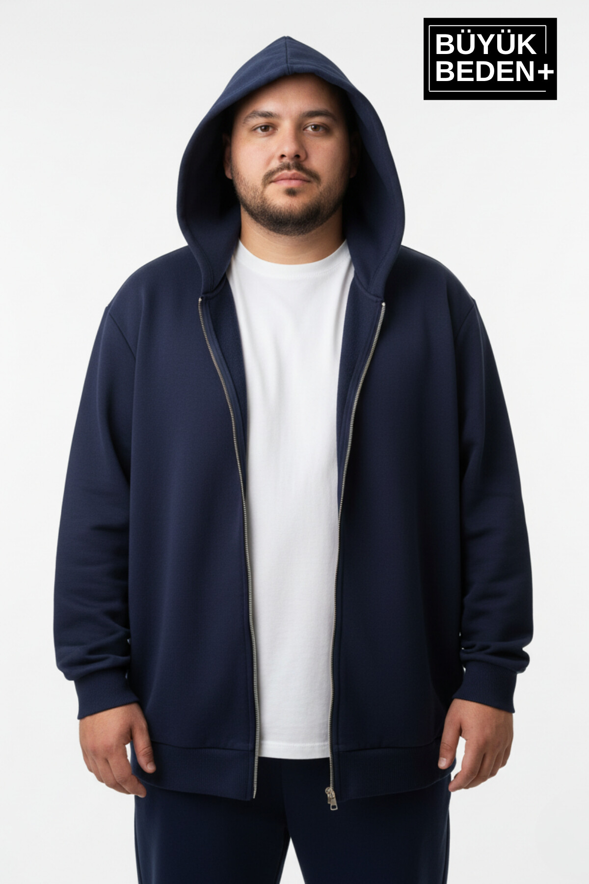 Erkek Büyük Beden Fermuarlı Kapüşonlu 2li Set ince Sweatshirt Hırka - Rahat Kalıp SPR26BHR960+2