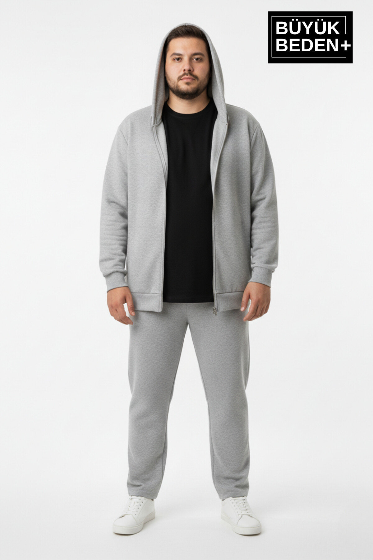 Erkek Büyük Beden Fermuarlı Kapüşonlu 2li Set ince Sweatshirt Hırka - Rahat Kalıp SPR26BHR960+2