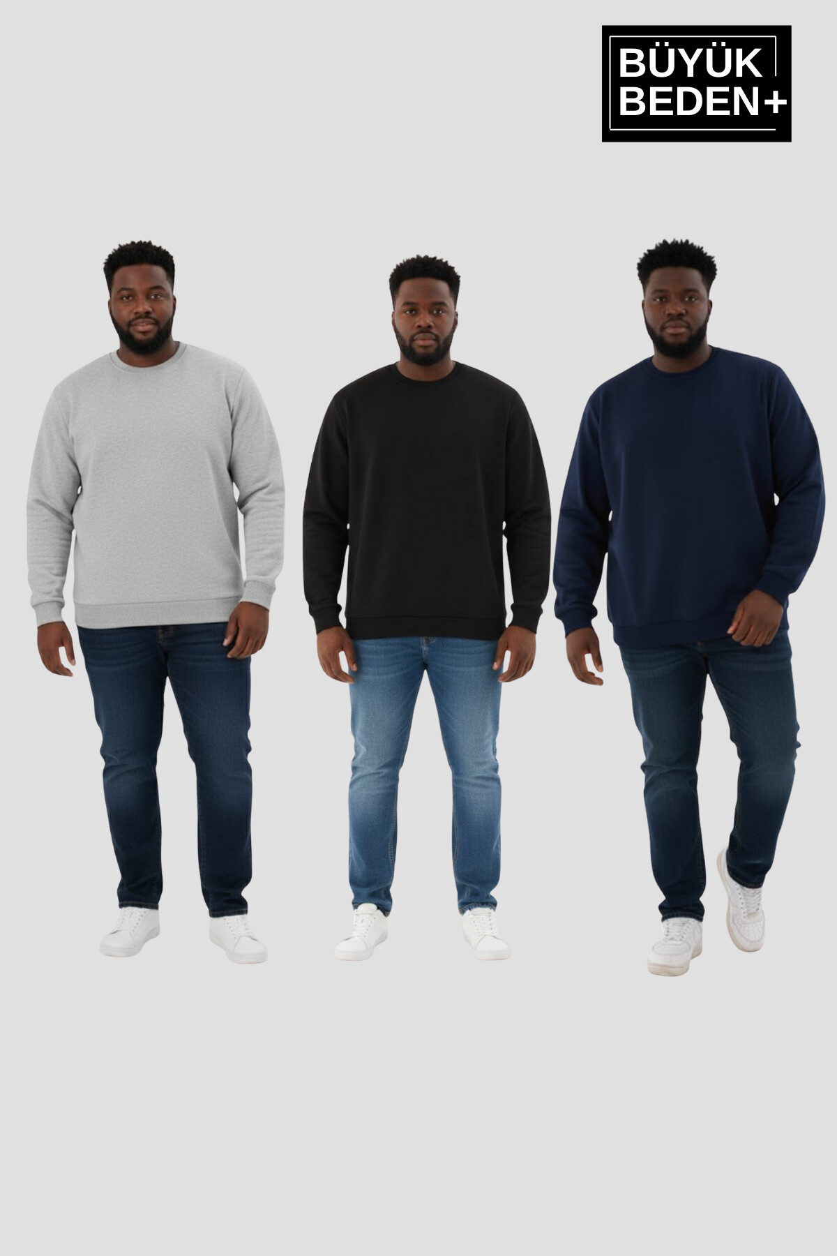 Erkek Büyük Beden İkili Bisiklet Yaka 3lü Set -Rahat Kalıp İnce Sweatshirt SPR26BSW956+3