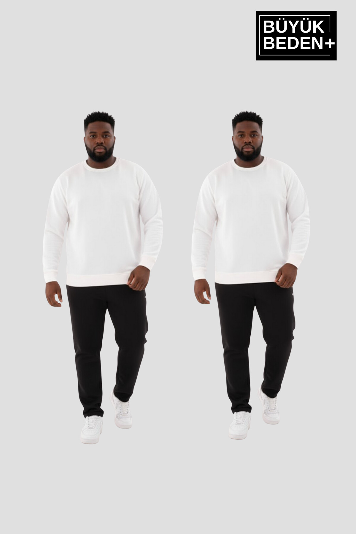 Erkek Büyük Beden İkili Bisiklet Yaka 2’li Set -Rahat Kalıp İnce Sweatshirt SPR26BSW956+2