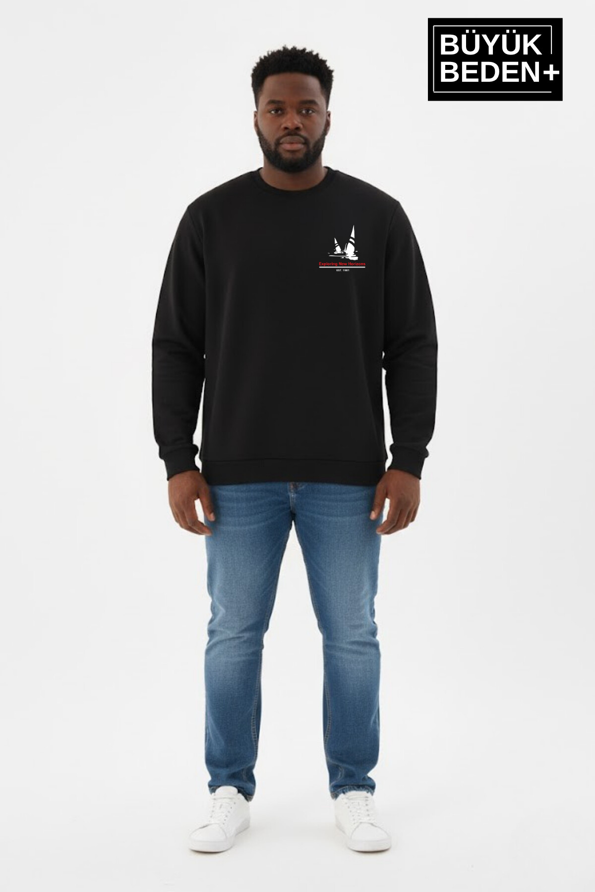 Erkek Büyük Beden Yelken Baskılı Bisiklet Yaka ince Sweatshirt SPR26BSW956-11