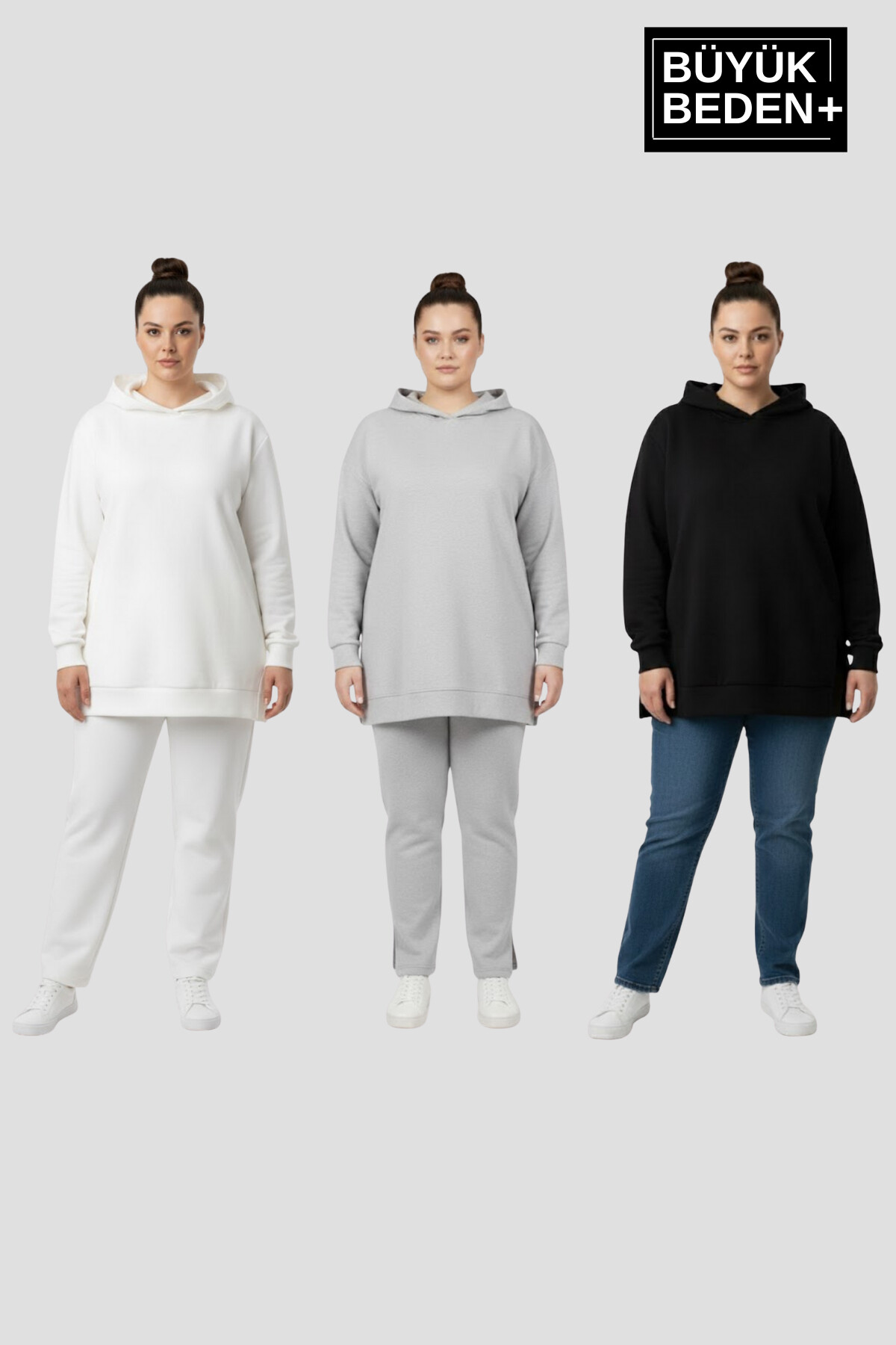 Kadın Büyük Beden 3lü Set Kapşonlu Tunik ince Sweatshırt  SPR26BTK991+3
