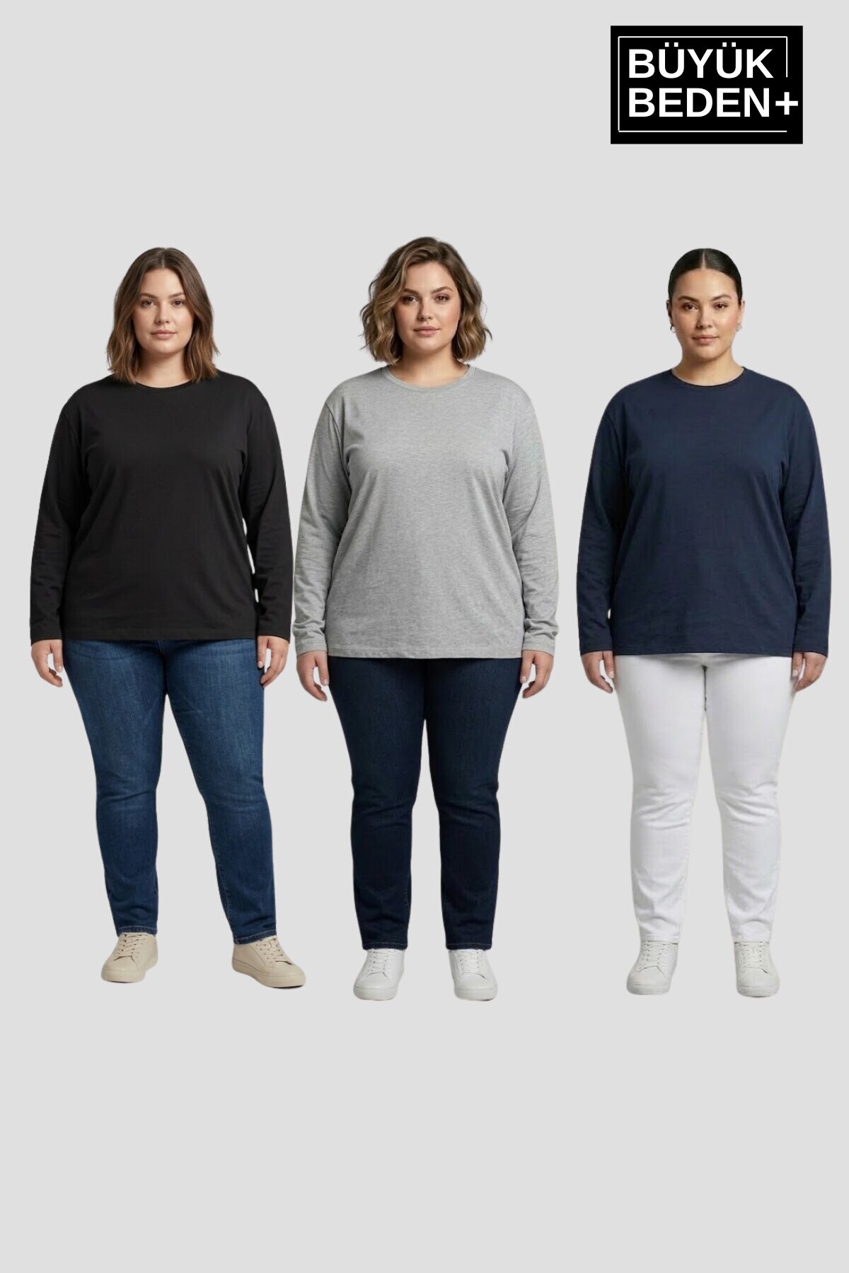 Superlife Kadın Büyük Beden 3lü Set ince Penye Bisiklet Yaka Tişört SPR26BTS942+3