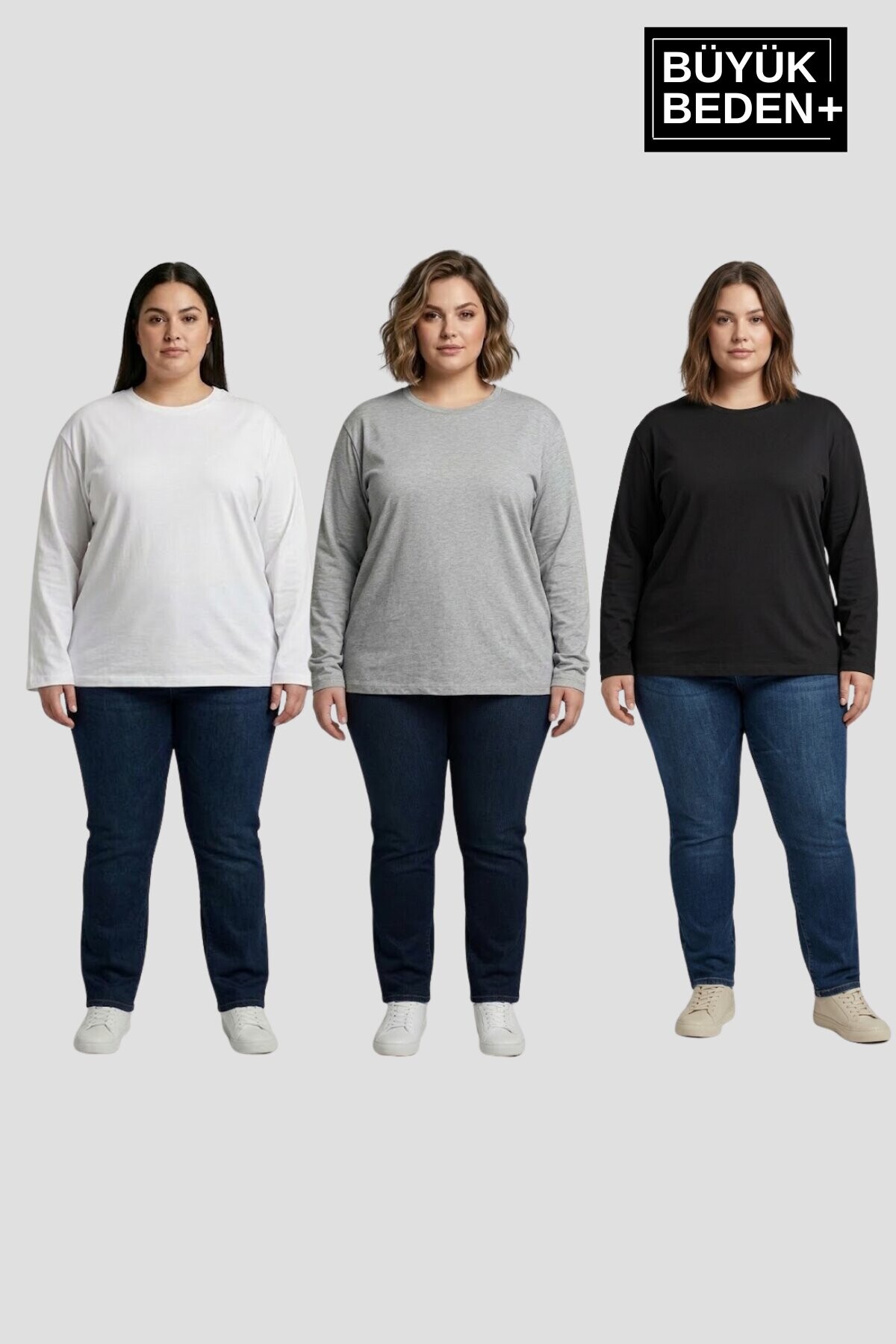 Superlife Kadın Büyük Beden 3lü Set ince Penye Bisiklet Yaka Tişört SPR26BTS942+3