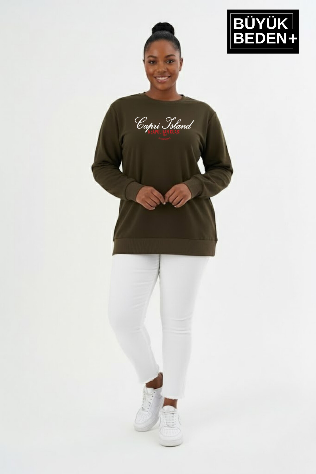 Kadın Büyük Beden  Capri Island Baskılı Bisiklet Yaka ince Sweatshirt SPR26BSWK956-14