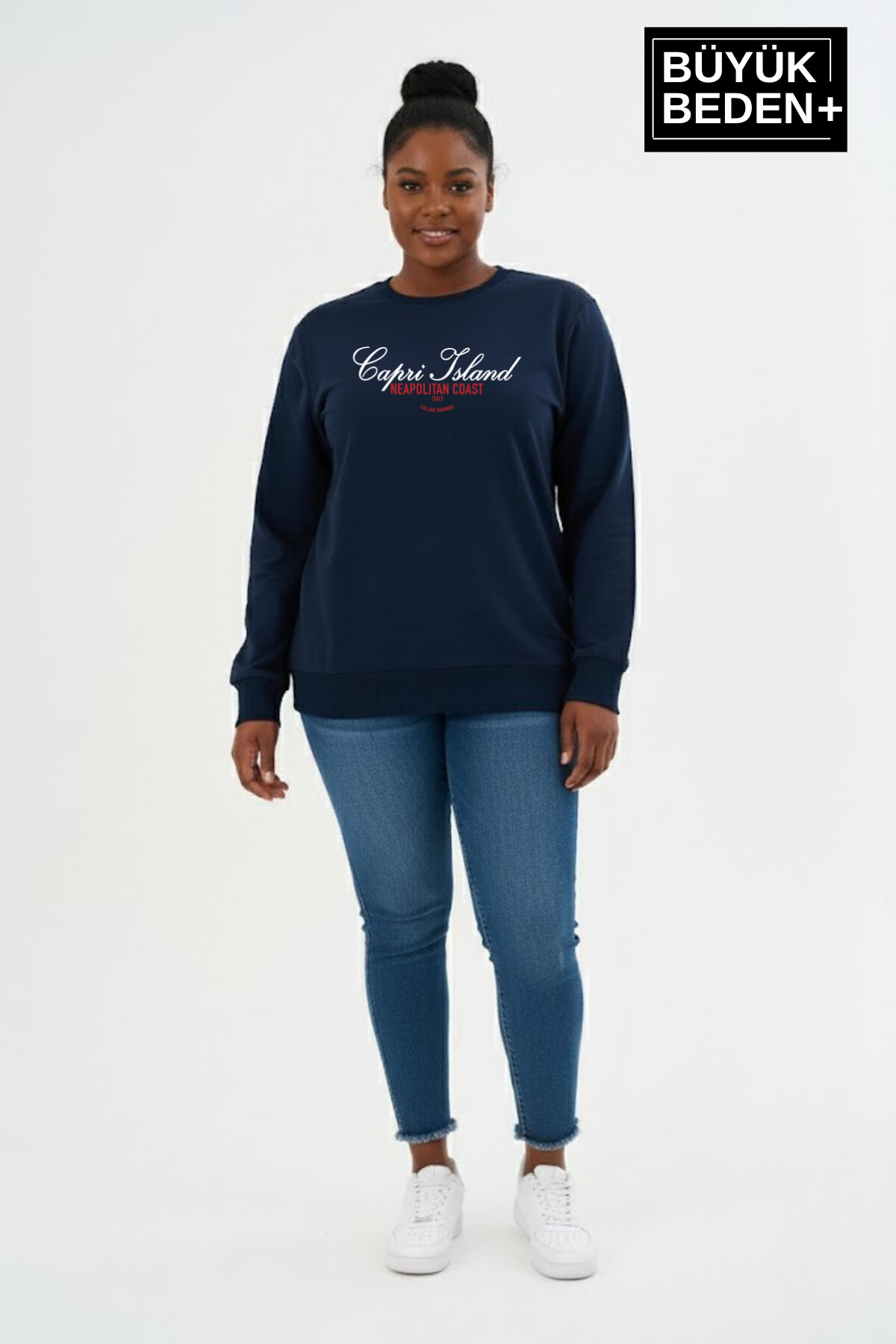 Kadın Büyük Beden  Capri Island Baskılı Bisiklet Yaka ince Sweatshirt SPR26BSWK956-14