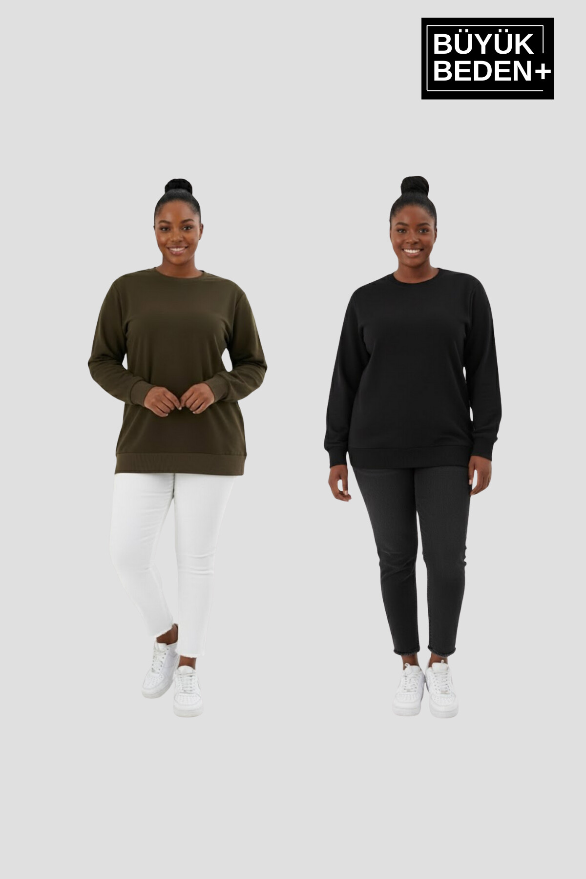 Kadın Büyük Beden Bisiklet Yaka 2’li Set-Rahat Kalıp İnce Sweatshirt SPR26BSWK956+2
