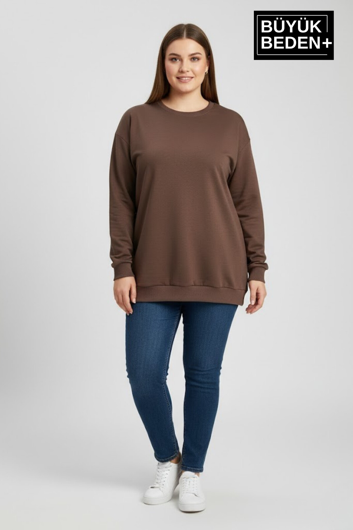Kadın Büyük Beden Bisiklet Yaka Kollar ve Etek Ribanalı İnce Sweatshirt SPR26BSWK956