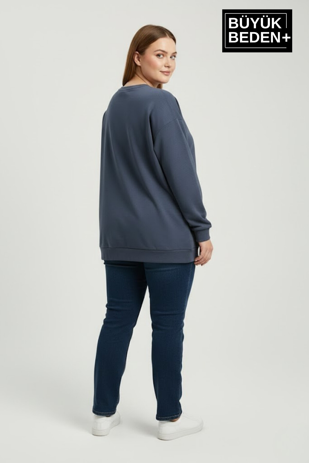 Kadın Büyük Beden Bisiklet Yaka Kollar ve Etek Ribanalı İnce Sweatshirt SPR26BSWK956