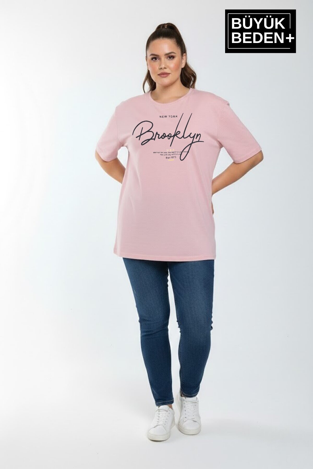 Süperlife Kadın Büyük Beden El Yazılı Brooklyn Baskılı 3xl-6xl Bisiklet Yaka Tshırt SPR25BTSK510-6