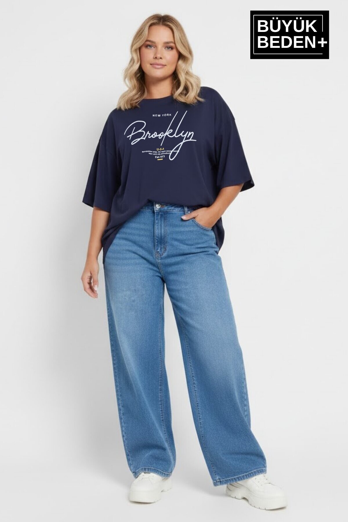 Süperlife Kadın Büyük Beden El Yazılı Brooklyn Baskılı 3xl-6xl Bisiklet Yaka Tshırt SPR25BTSK510-6