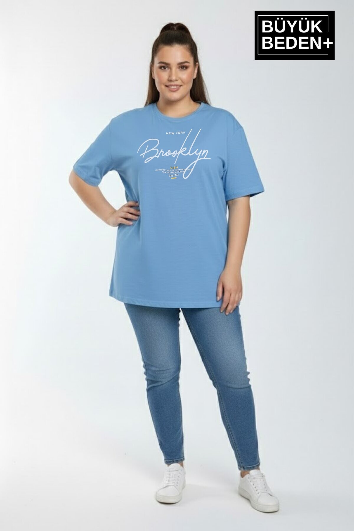 Süperlife Kadın Büyük Beden El Yazılı Brooklyn Baskılı 3xl-6xl Bisiklet Yaka Tshırt SPR25BTSK510-6