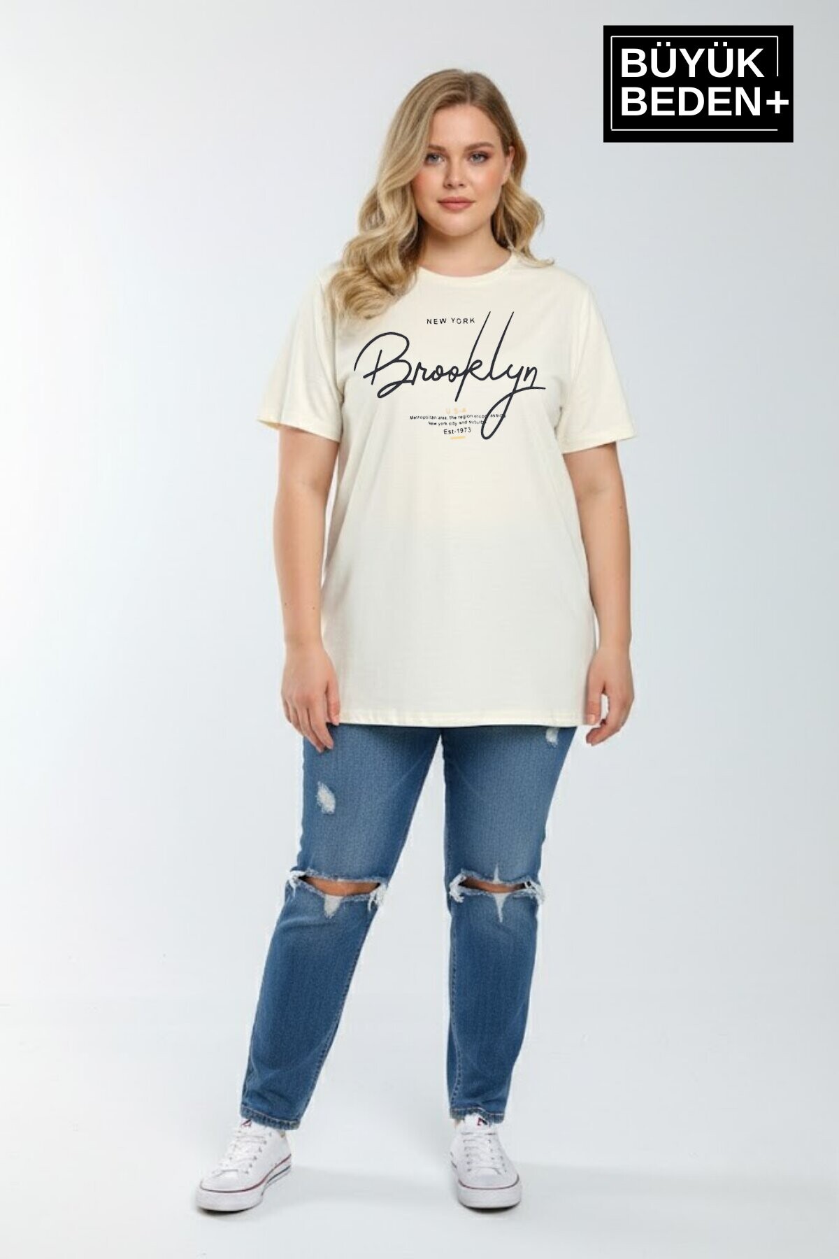 Süperlife Kadın Büyük Beden El Yazılı Brooklyn Baskılı 3xl-6xl Bisiklet Yaka Tshırt SPR25BTSK510-6