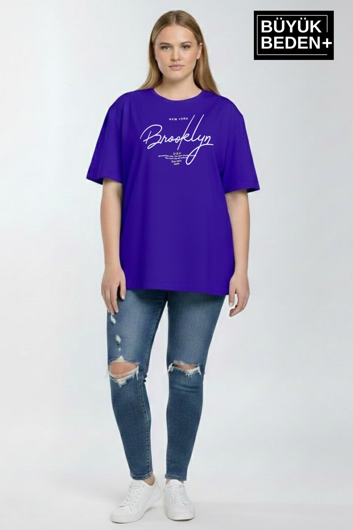 Süperlife Kadın Büyük Beden El Yazılı Brooklyn Baskılı 3xl-6xl Bisiklet Yaka Tshırt SPR25BTSK510-6