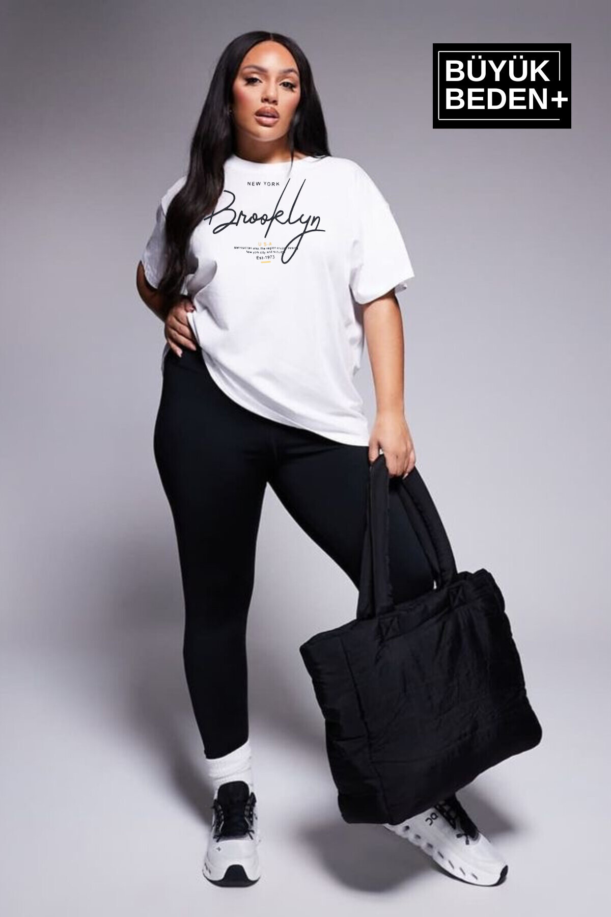Süperlife Kadın Büyük Beden El Yazılı Brooklyn Baskılı 3xl-6xl Bisiklet Yaka Tshırt SPR25BTSK510-6