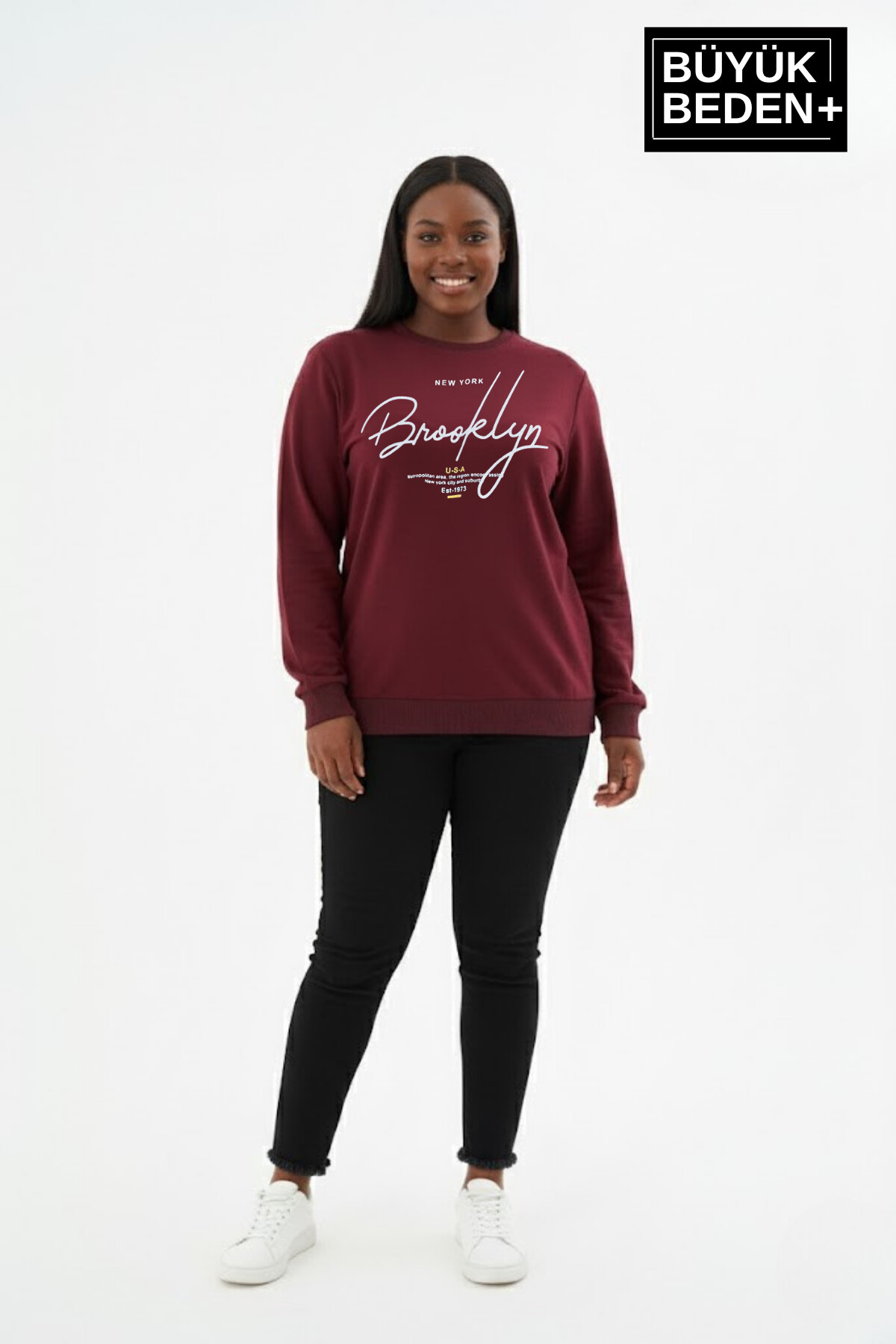 Kadın Büyük Beden El Yazılı Brooklyn Baskılı  Bisiklet Yaka İnce Sweatshirt SPR26BSWK956-6
