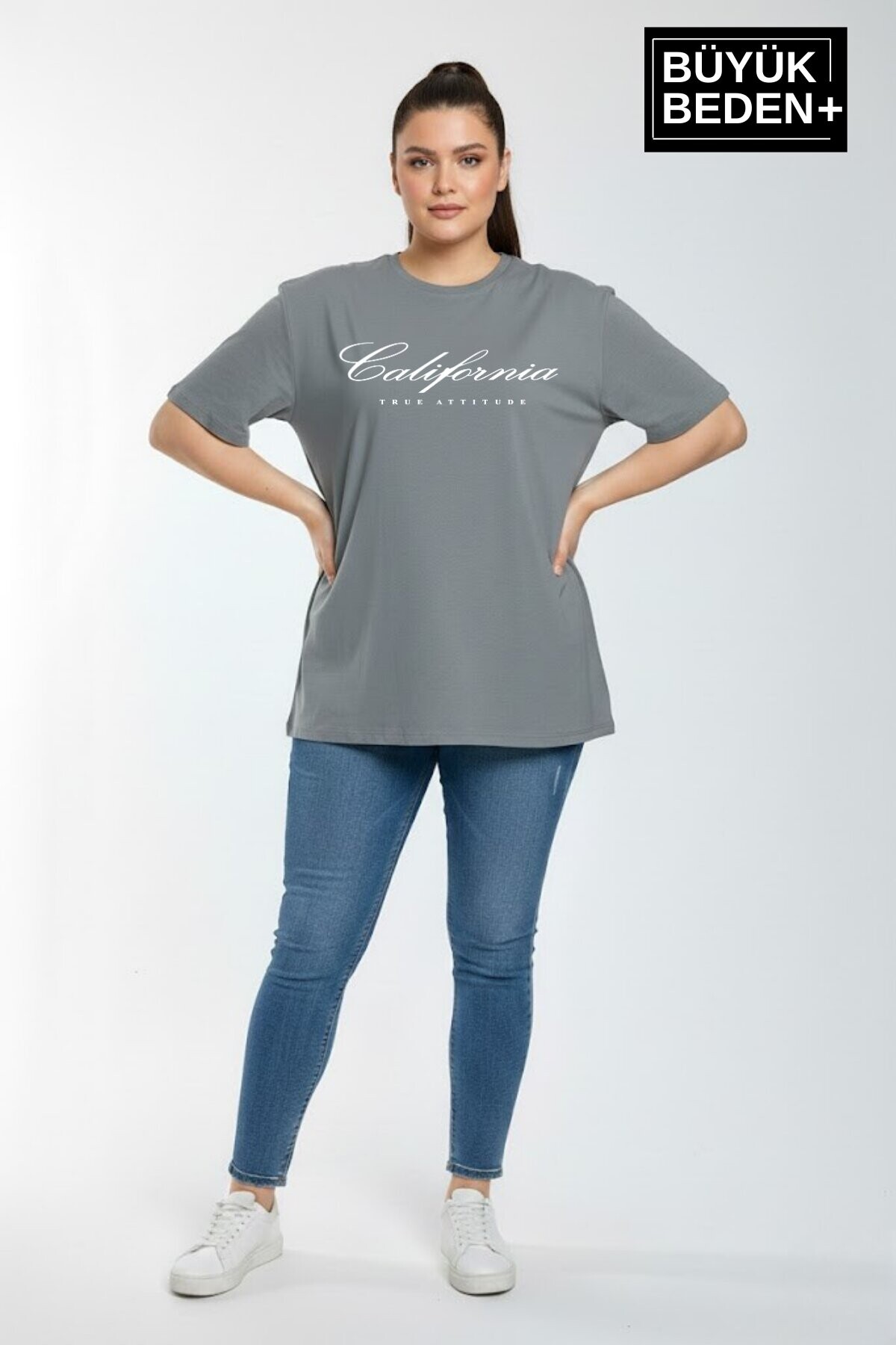 Süperlife Kadın Büyük Beden El Yazılı California Baskılı 3xl-6xl Bisiklet Yaka Tshırt SPR25BTSK510-7