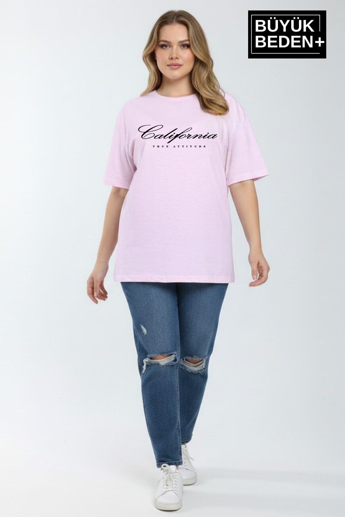 Süperlife Kadın Büyük Beden El Yazılı California Baskılı 3xl-6xl Bisiklet Yaka Tshırt SPR25BTSK510-7