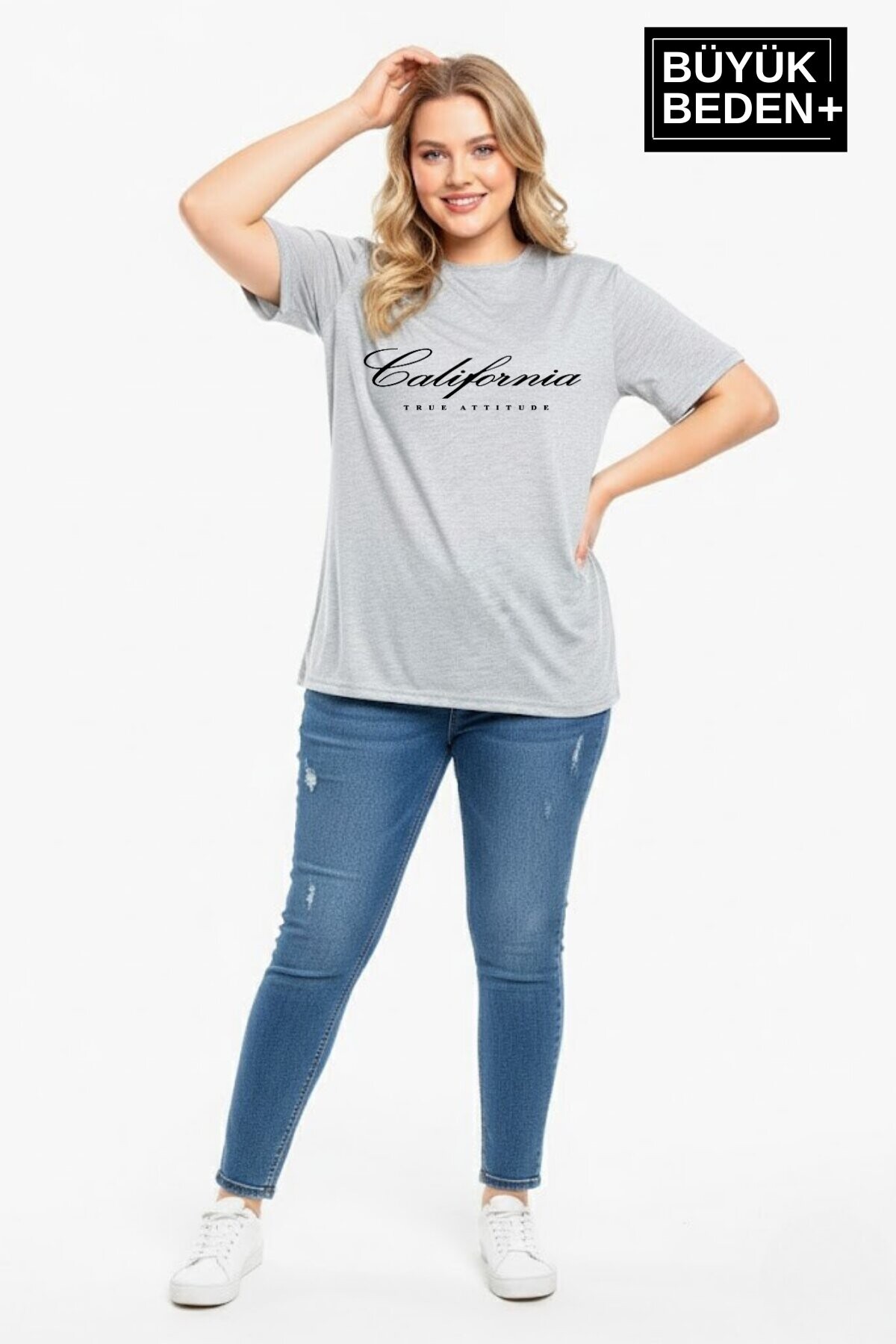 Süperlife Kadın Büyük Beden El Yazılı California Baskılı 3xl-6xl Bisiklet Yaka Tshırt SPR25BTSK510-7