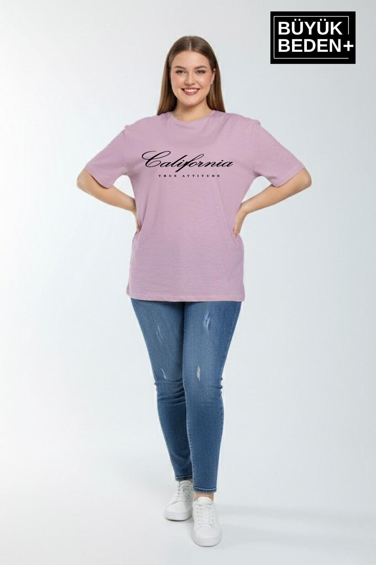Süperlife Kadın Büyük Beden El Yazılı California Baskılı 3xl-6xl Bisiklet Yaka Tshırt SPR25BTSK510-7