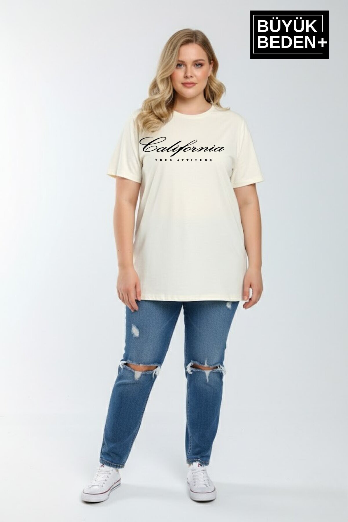 Süperlife Kadın Büyük Beden El Yazılı California Baskılı 3xl-6xl Bisiklet Yaka Tshırt SPR25BTSK510-7