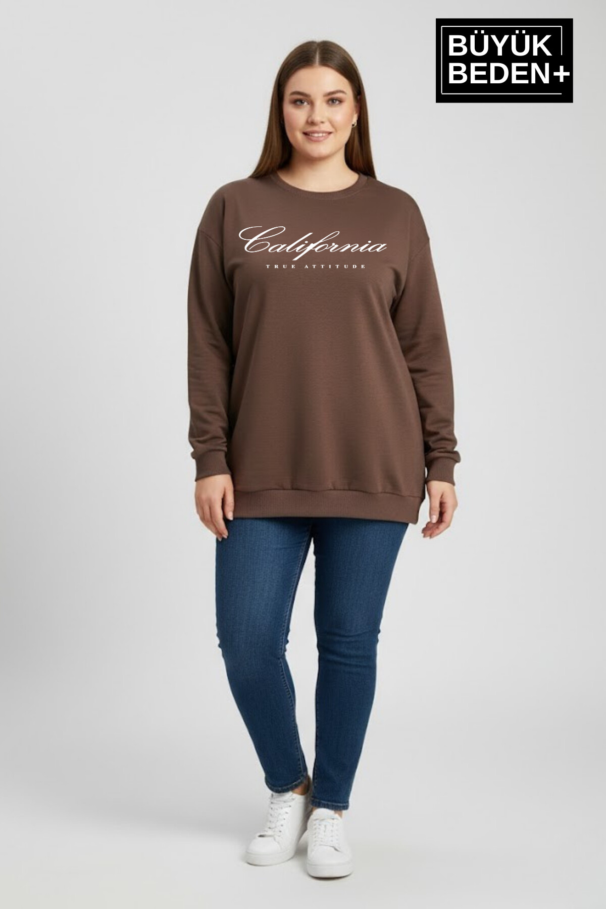 Kadın Büyük Beden El Yazılı California Baskılı Bisiklet Yaka ince Sweatshirt SPR26BSWK956-7