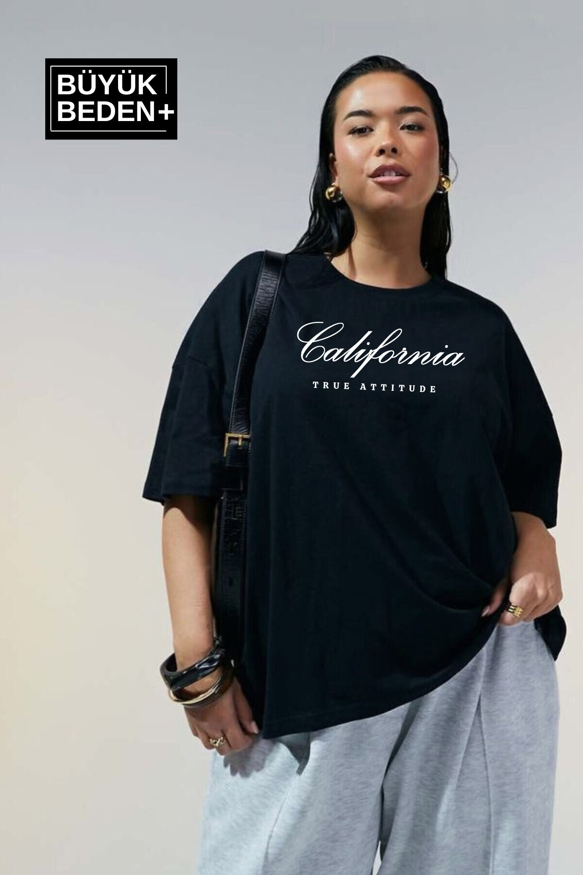 Süperlife Kadın Büyük Beden El Yazılı California Baskılı 3xl-6xl Bisiklet Yaka Tshırt SPR25BTSK510-7