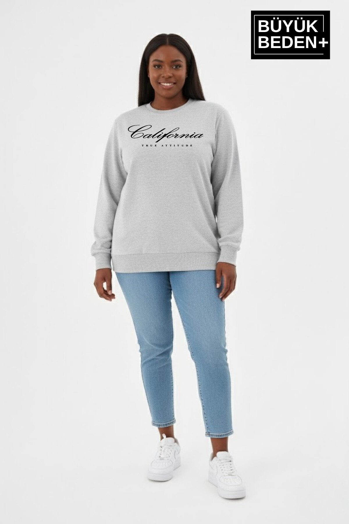 Kadın Büyük Beden El Yazılı California Baskılı Bisiklet Yaka ince Sweatshirt SPR26BSWK956-7