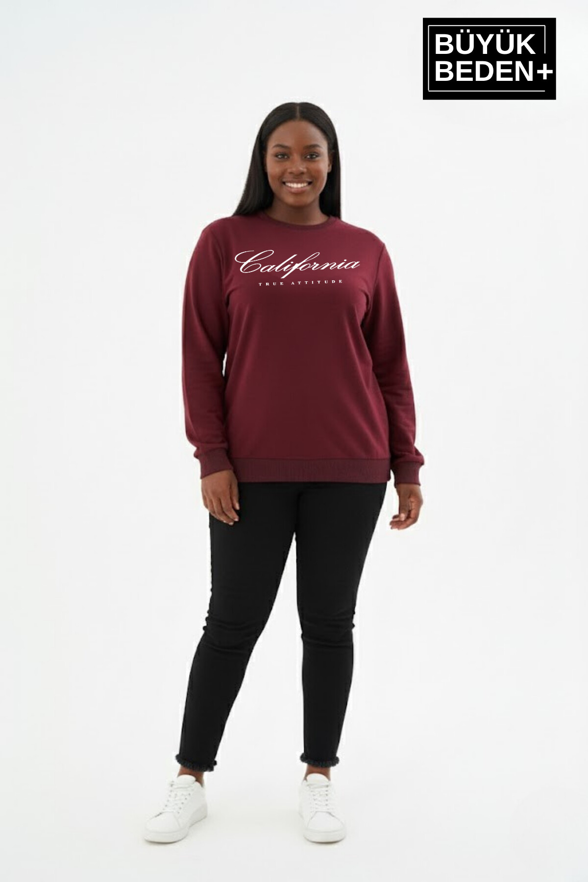 Kadın Büyük Beden El Yazılı California Baskılı Bisiklet Yaka ince Sweatshirt SPR26BSWK956-7