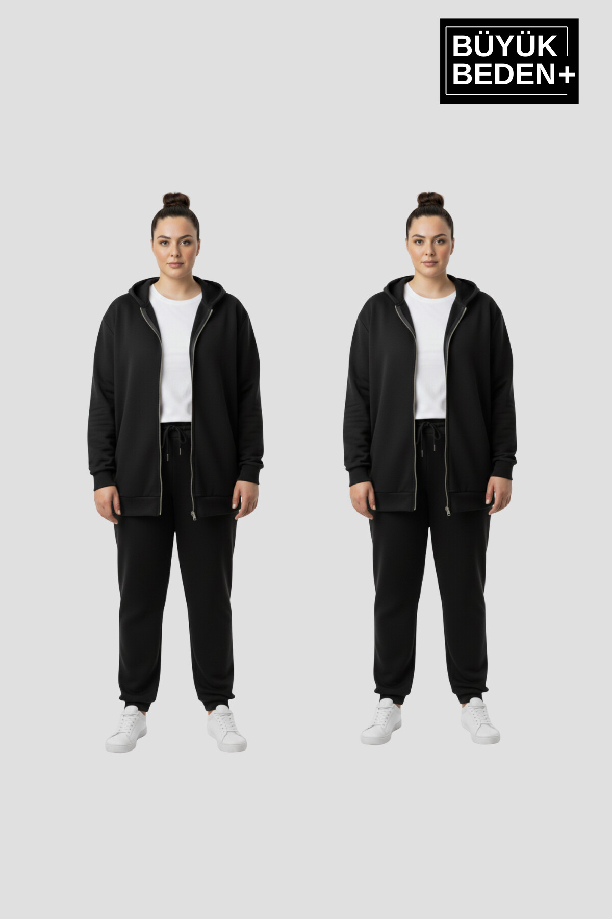 Kadın Büyük Beden Fermuarlı Kapüşonlu 2 liSet ince Sweatshirt Hırka - Rahat Kalıp SPR26BHRK960+2