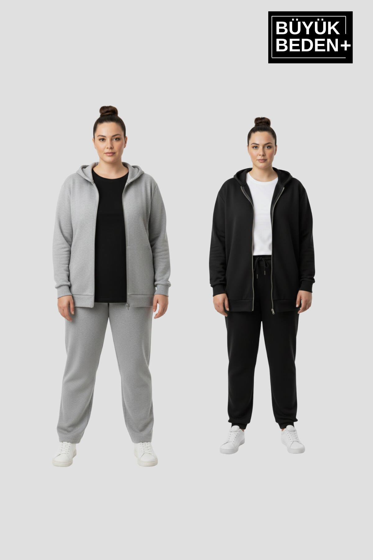 Kadın Büyük Beden Fermuarlı Kapüşonlu 2 liSet ince Sweatshirt Hırka - Rahat Kalıp SPR26BHRK960+2