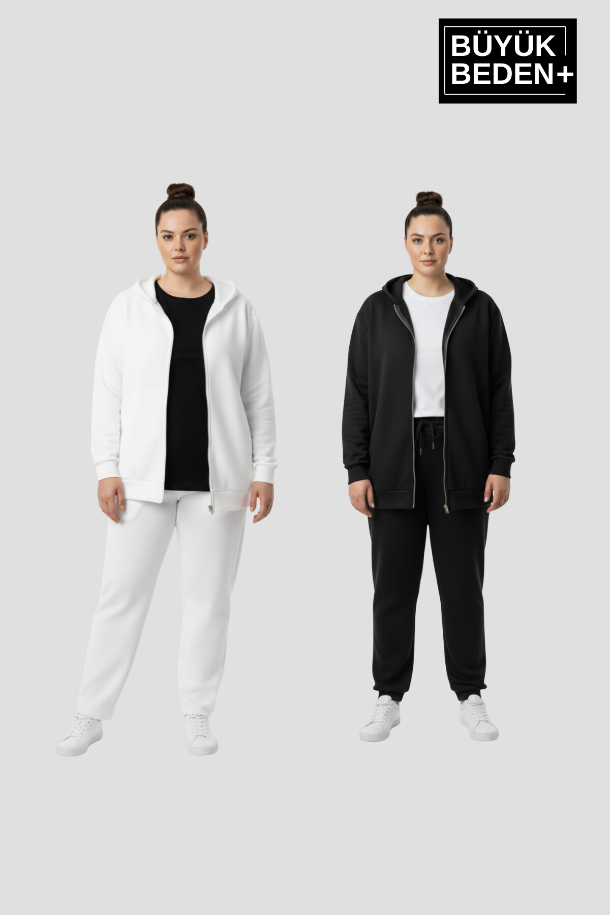 Kadın Büyük Beden Fermuarlı Kapüşonlu 2 liSet ince Sweatshirt Hırka - Rahat Kalıp SPR26BHRK960+2