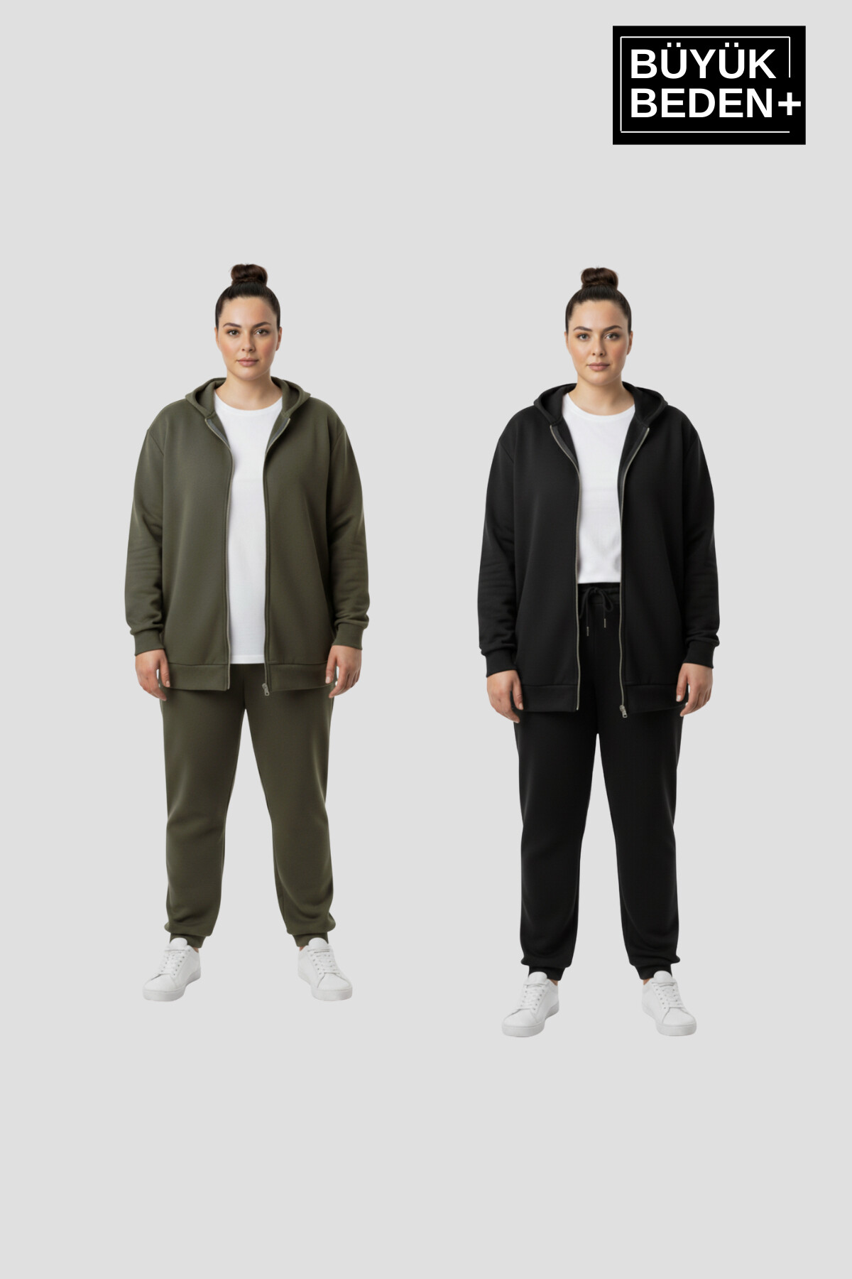 Kadın Büyük Beden Fermuarlı Kapüşonlu 2 liSet ince Sweatshirt Hırka - Rahat Kalıp SPR26BHRK960+2