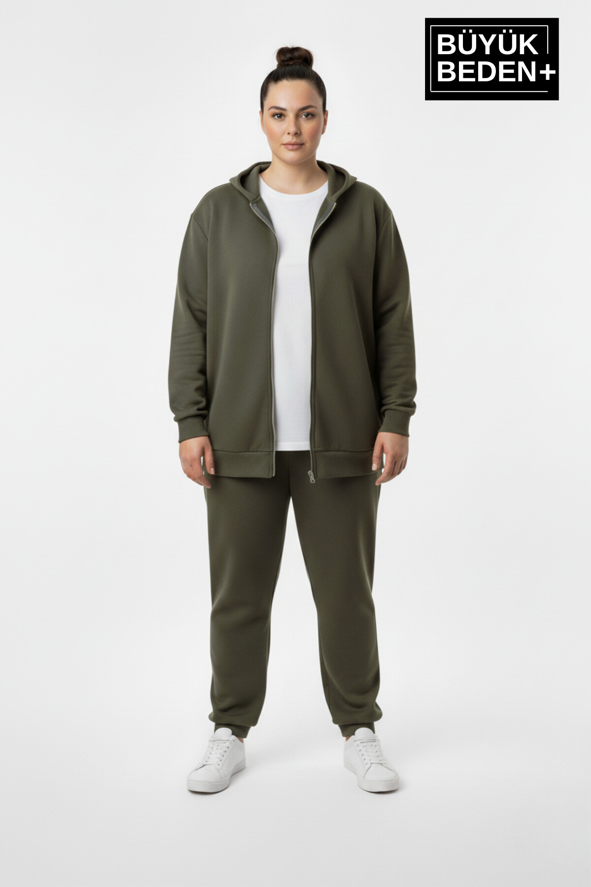 Kadın Büyük Beden Fermuarlı Kapüşonlu 2 liSet ince Sweatshirt Hırka - Rahat Kalıp SPR26BHRK960+2